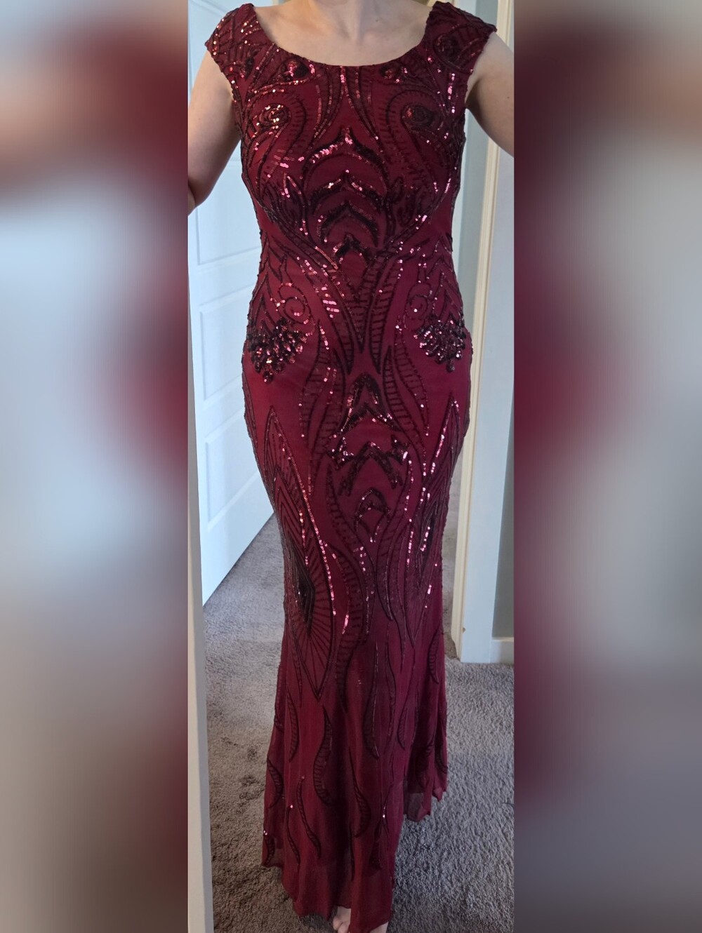 Angel Fashions Sequin Bateau Cap Sleeve V-Back Evening Maxi Dress Medium Prom